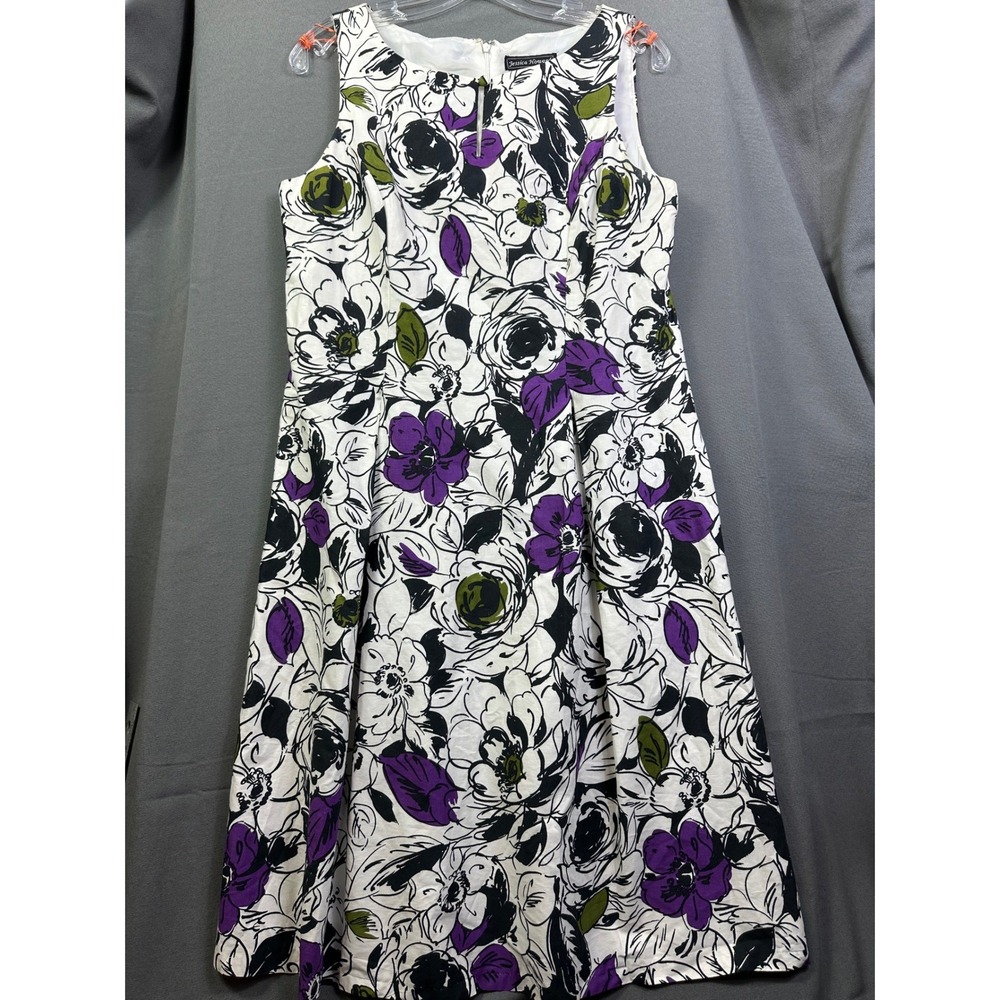 Jessica Howard Womens Floral Fit and Flare Dress Purple White Black Size 10
